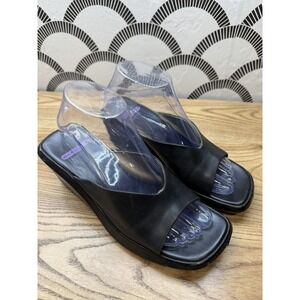 VTG‎ Nine West Cloud 9 Black Wedge Slides Slip On Leather | 90s Y2K Grunge Sz 7